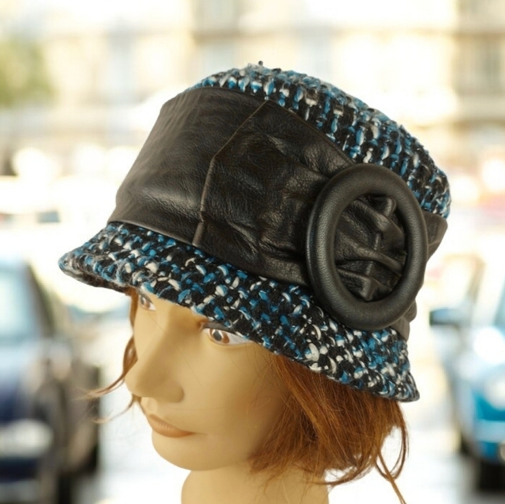 Vintage Woolblend Cloche Hat With Real Leather Decorative Belt Winter Bucket Hat